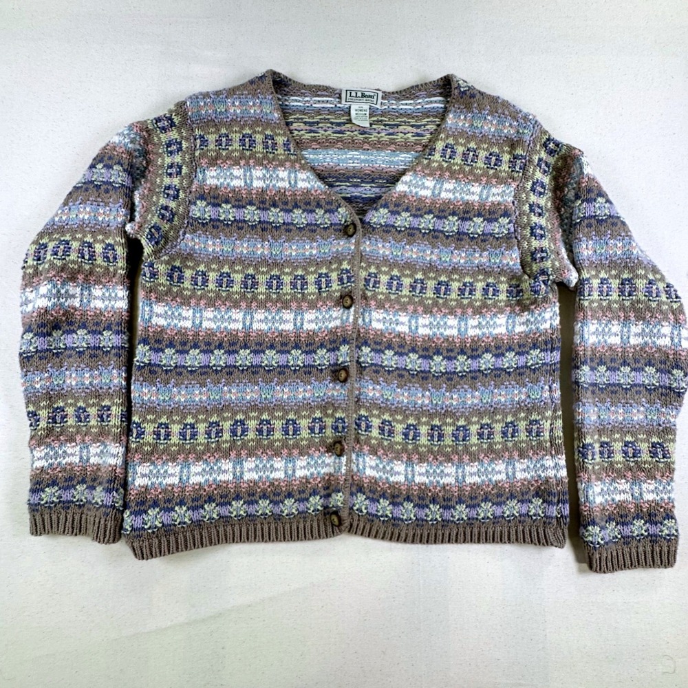 LL Bean Vintage Fair Isle Cardigan Sweater Womens Medium Cotton Made in USA Blue